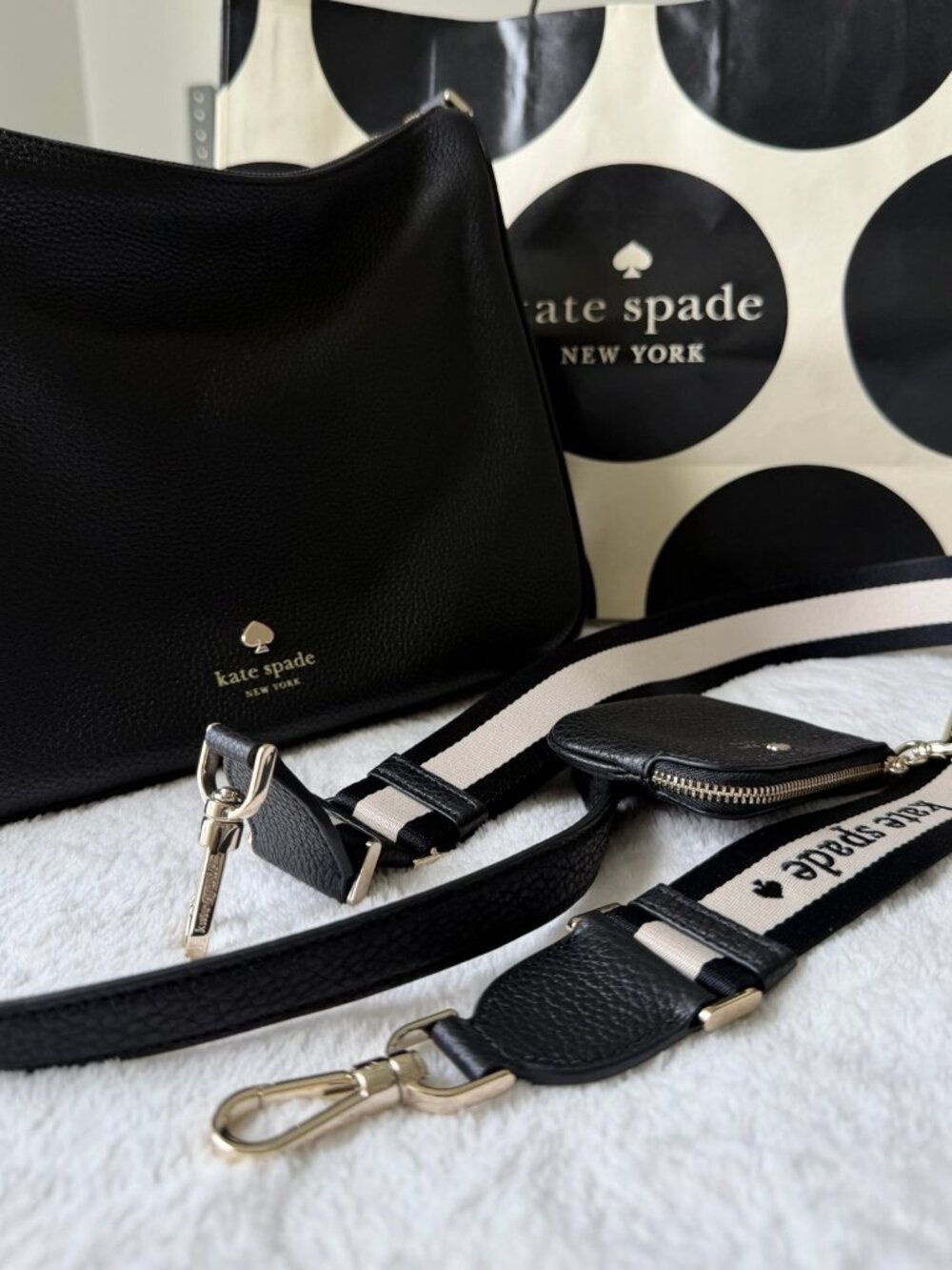Kate Spade Black Leather Hobo Bag with Coin Pouch and Strap